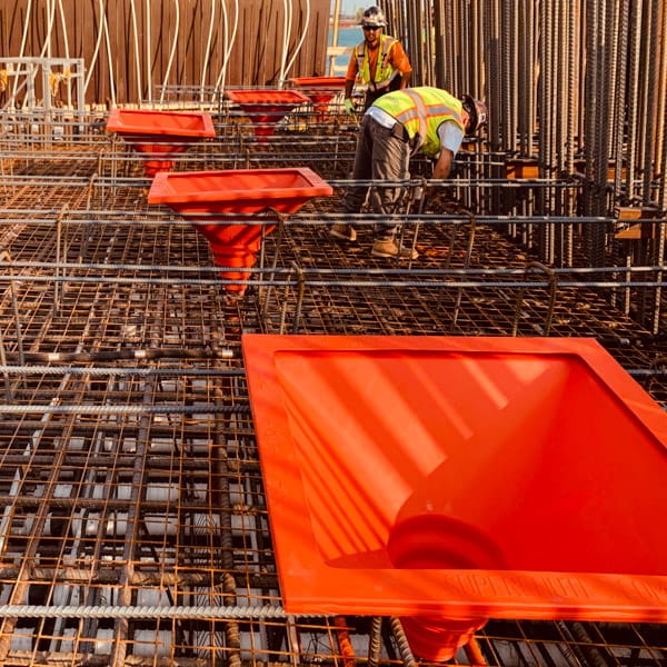 SlikFunnels.ca Multiple SlikFunnels ready for concrete pouring on rebar.